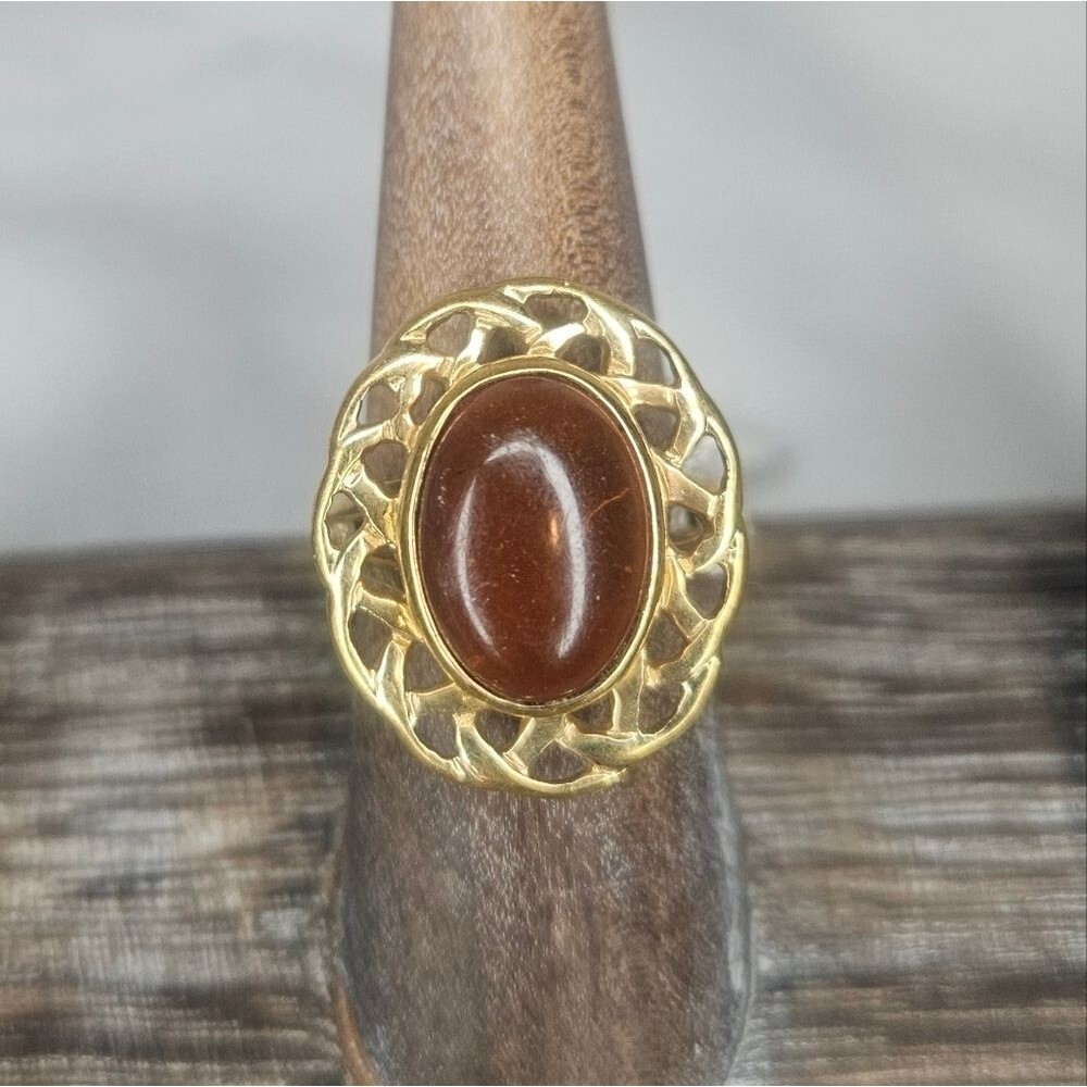Vintage Louis Stern Amber Glass Gold Plated Filigree Ring Size 7 Art Deco Era